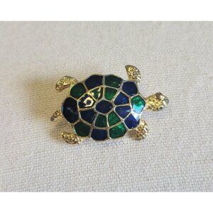 Gold Tone Green Blue Enamel Beach Sea Turtle Pin Brooch BR1